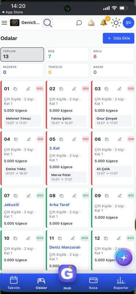 Genix Otel & Pansiyon Takip uygulama ekranı